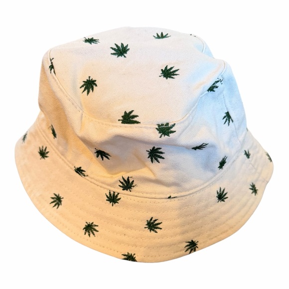 White Embroidered Leaf Bucket Hat Cotton Summer Festival Streetwear Cap B - Picture 4 of 4
